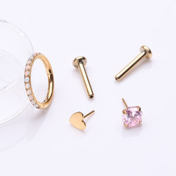 Detail View 1 of 3 Pcs of Assorted Pink Rose x Heart Pure24K Titanium Stud & Clicker Package